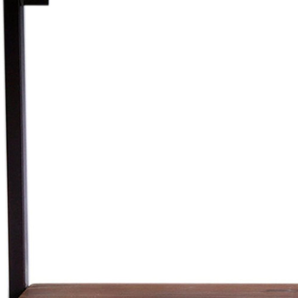36" Set Of Two Black And Brown Wood And Metal Two Level Accent Shelf. Wall mounted shelve isolated on a plain white background, showing a black metal surface.