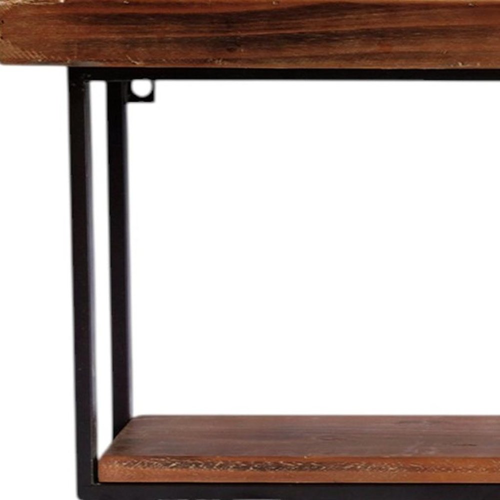 36" Set Of Two Black And Brown Wood And Metal Two Level Accent Shelf. Wall mounted shelve in black metal.