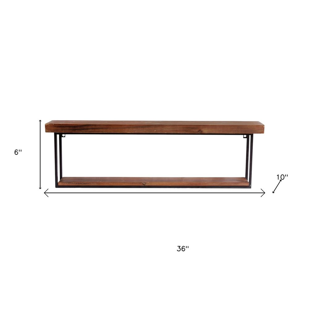 36" Set Of Two Black And Brown Wood And Metal Two Level Accent Shelf. Wall mounted shelve isolated on a plain white background, in a black metal finish.