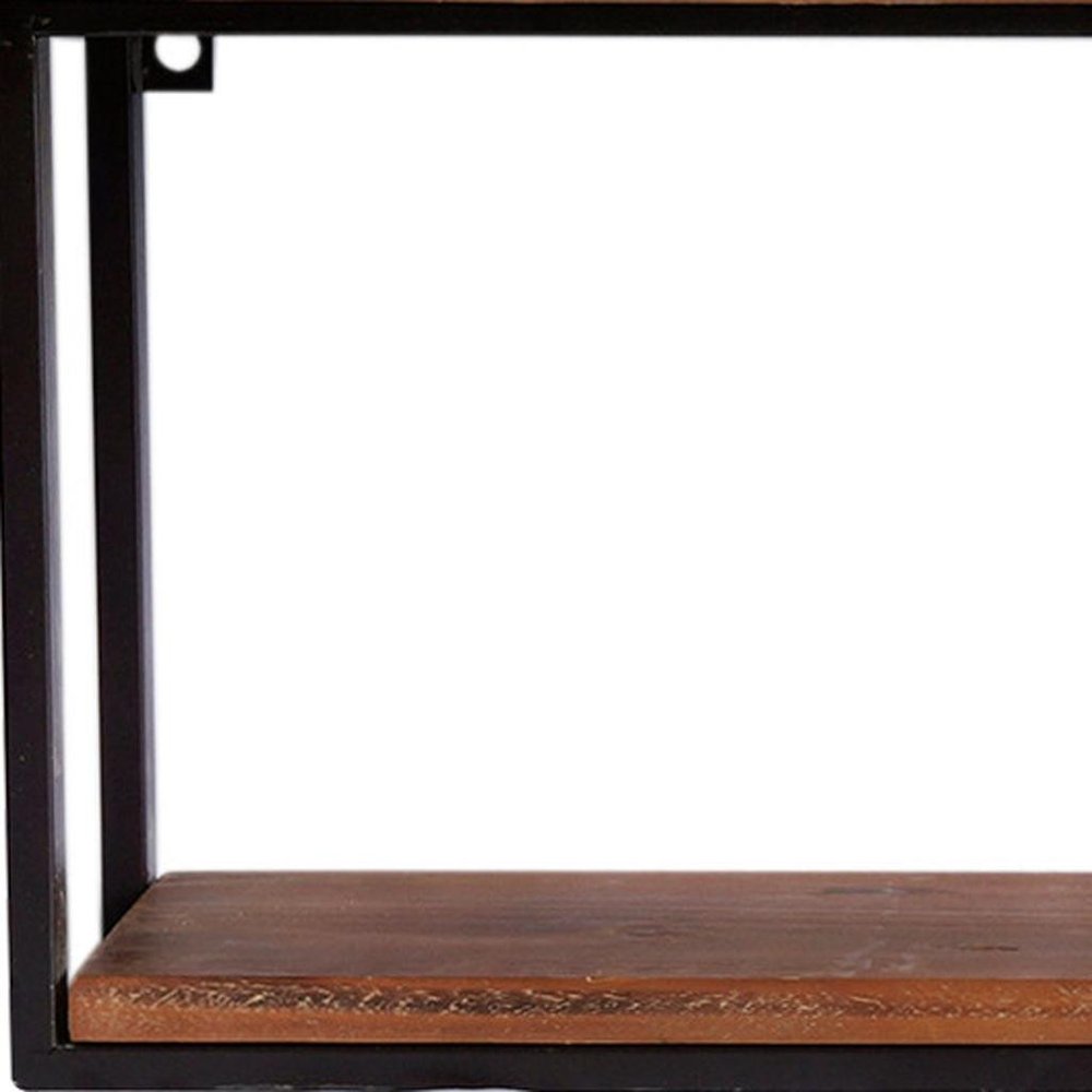 36" Set Of Two Black And Brown Wood And Metal Two Level Accent Shelf photographed against a dark studio background in black.