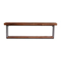 A two-tiered accent shelf made of brown wood and black metal, shown against a white background.