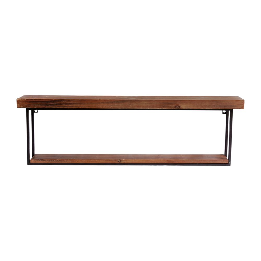 A two-tiered accent shelf made of brown wood and black metal, shown against a white background.