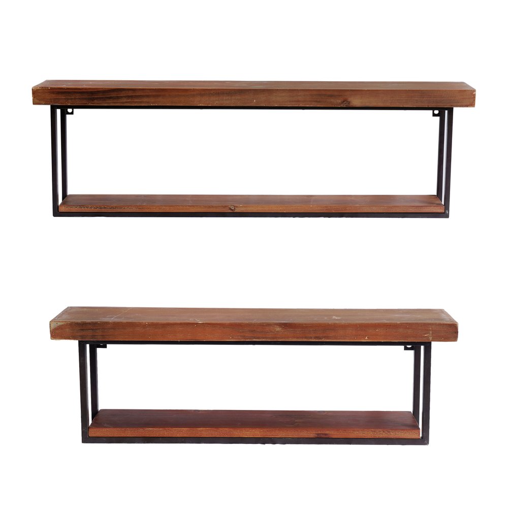36" Set Of Two Black And Brown Wood And Metal Two Level Accent Shelf. Wall mounted shelve isolated on a plain white background, finished in black metal.