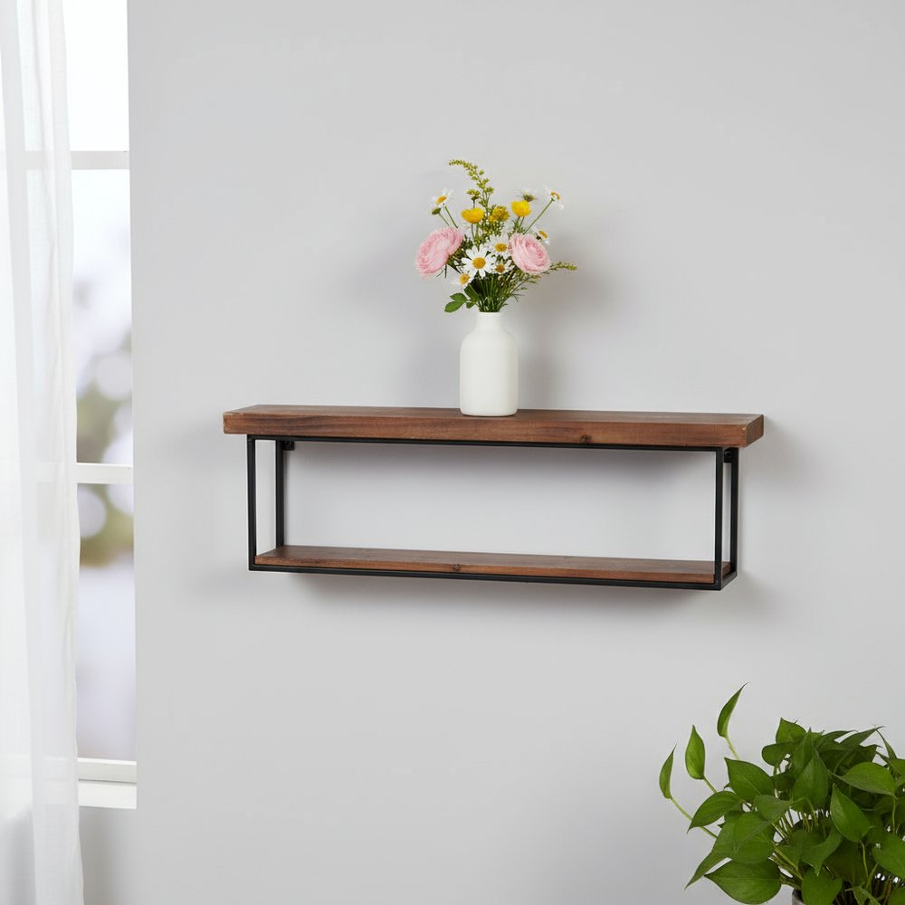 36" Set Of Two Black And Brown Wood And Metal Two Level Accent Shelf.