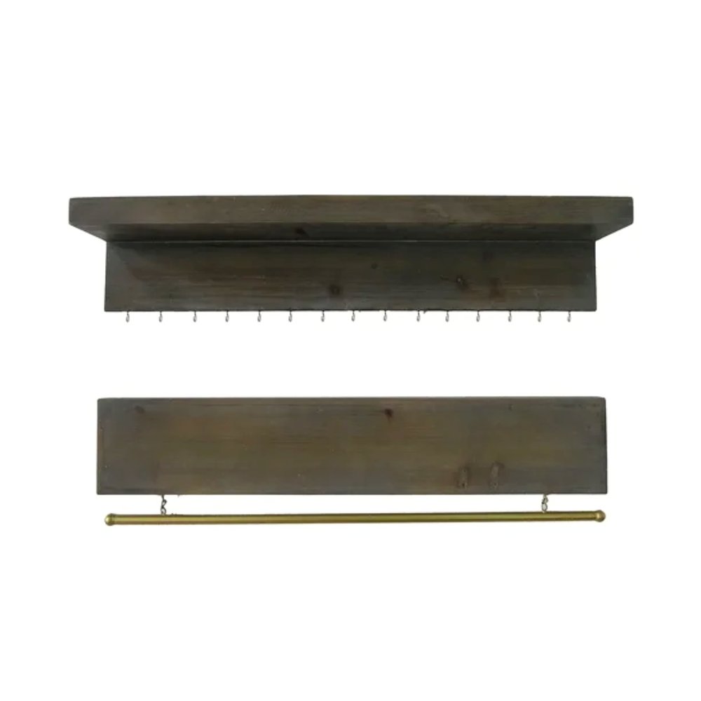 Set Of Two Brown Wood Wall Mounted Accent Shelves With Hooks on a white background