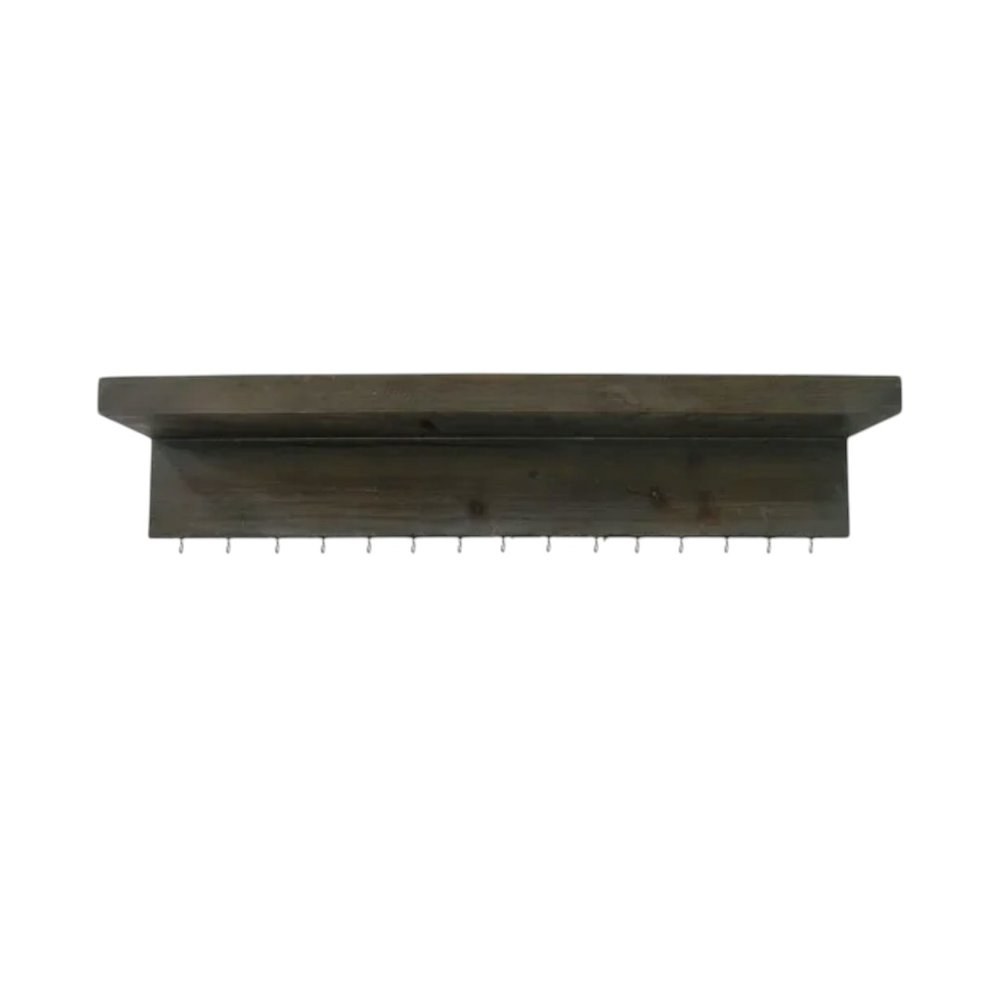 Set Of Two Brown Wood Wall Mounted Accent Shelves With Hooks on a white background