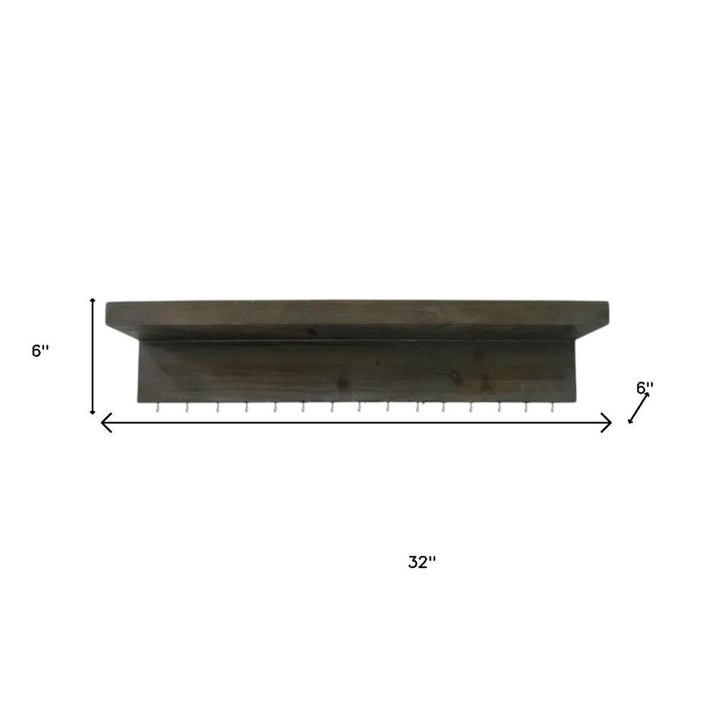 Set Of Two Brown Wood Wall Mounted Accent Shelves With Hooks on a white background