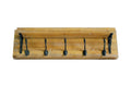 6" Black And Brown Metal And Solid Wood Five Hook Wall Mount Coat Rack. Coat hanger isolated on a plain white background, showing a brown wood surface.