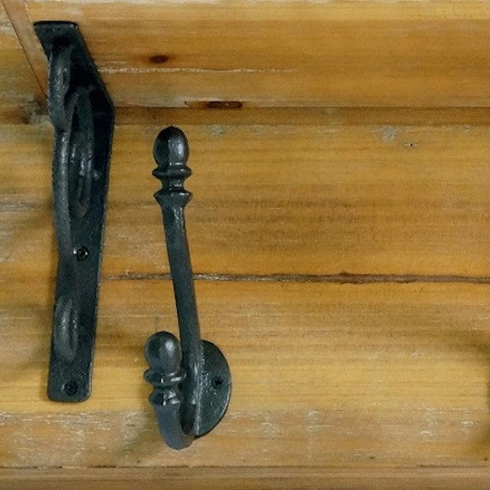 6" Black And Brown Metal And Solid Wood Five Hook Wall Mount Coat Rack. Coat hanger in brown wood.