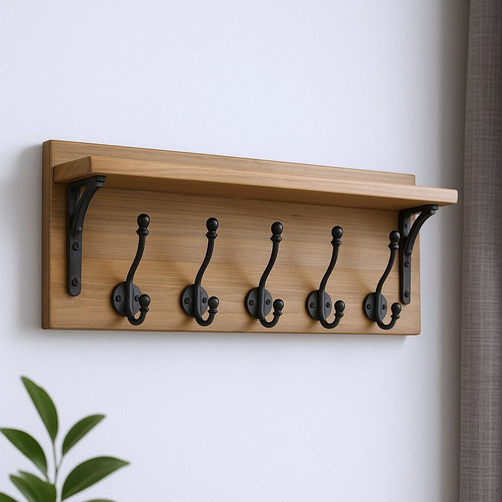 6" Black And Brown Metal And Solid Wood Five Hook Wall Mount Coat Rack shown outdoors on an outdoor setting.