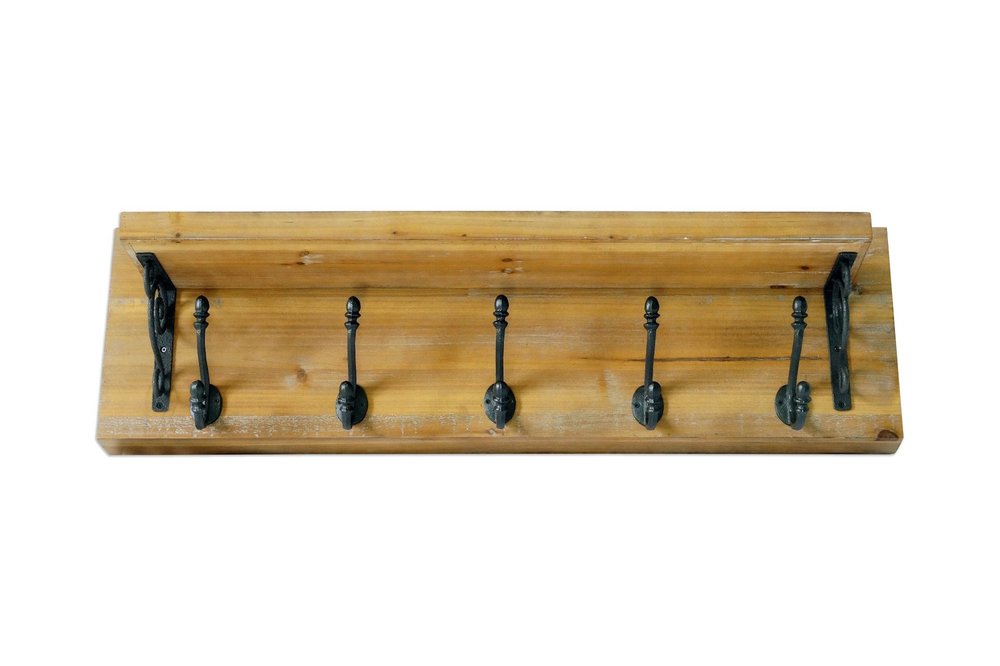 6" Black And Brown Metal And Solid Wood Five Hook Wall Mount Coat Rack. Coat hanger isolated on a plain white background, finished in brown wood.