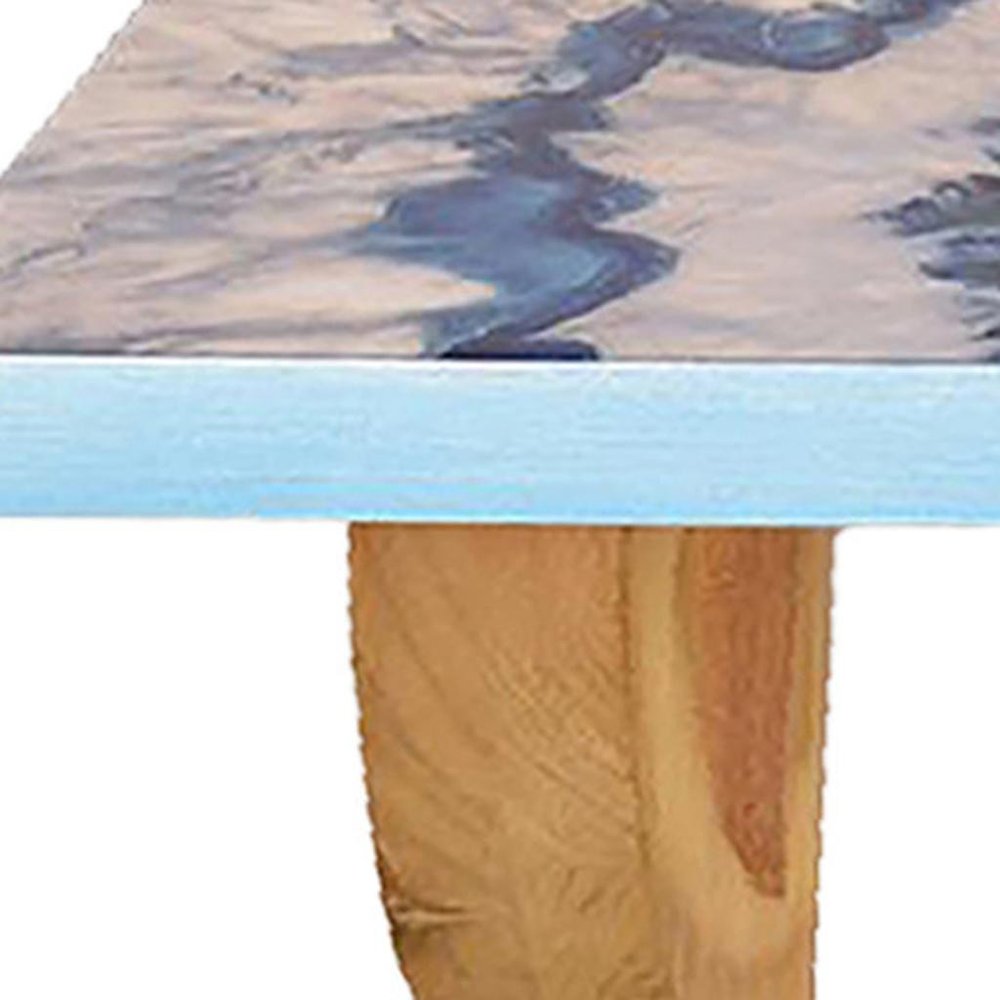 36" Blue And Natural Wood Agate Pattern Wall Mount Accent Shelf. Wall mounted shelve in gray wood.