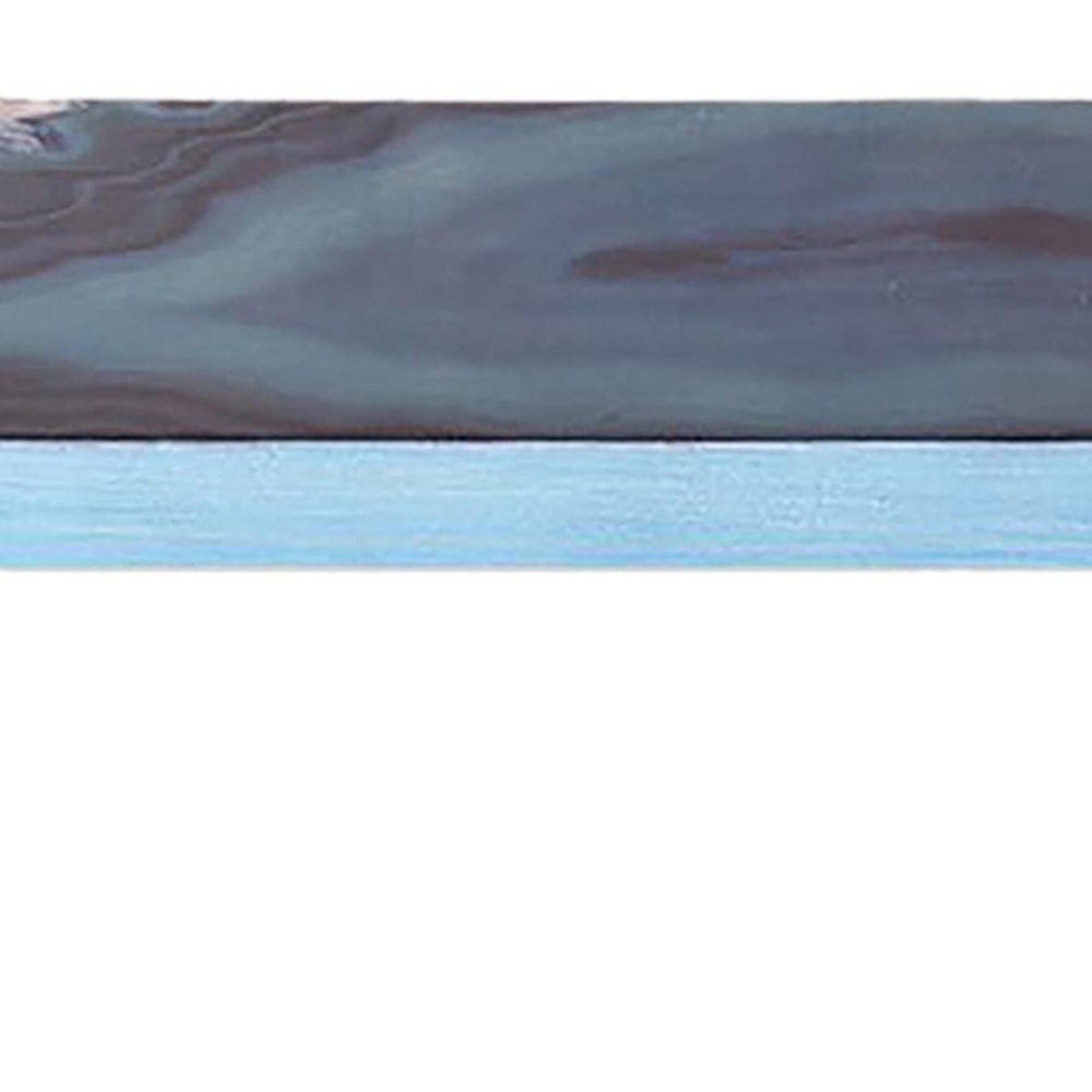 36" Blue And Natural Wood Agate Pattern Wall Mount Accent Shelf. Wall mounted shelve isolated on a plain white background, showing a gray wood surface.
