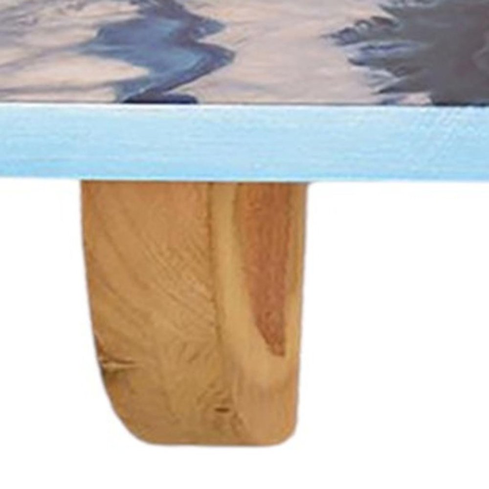 24" Blue And Natural Wood Agate Pattern Wall Mount Accent Shelf. Wall mounted shelve isolated on a plain white background, in a gray wood finish.