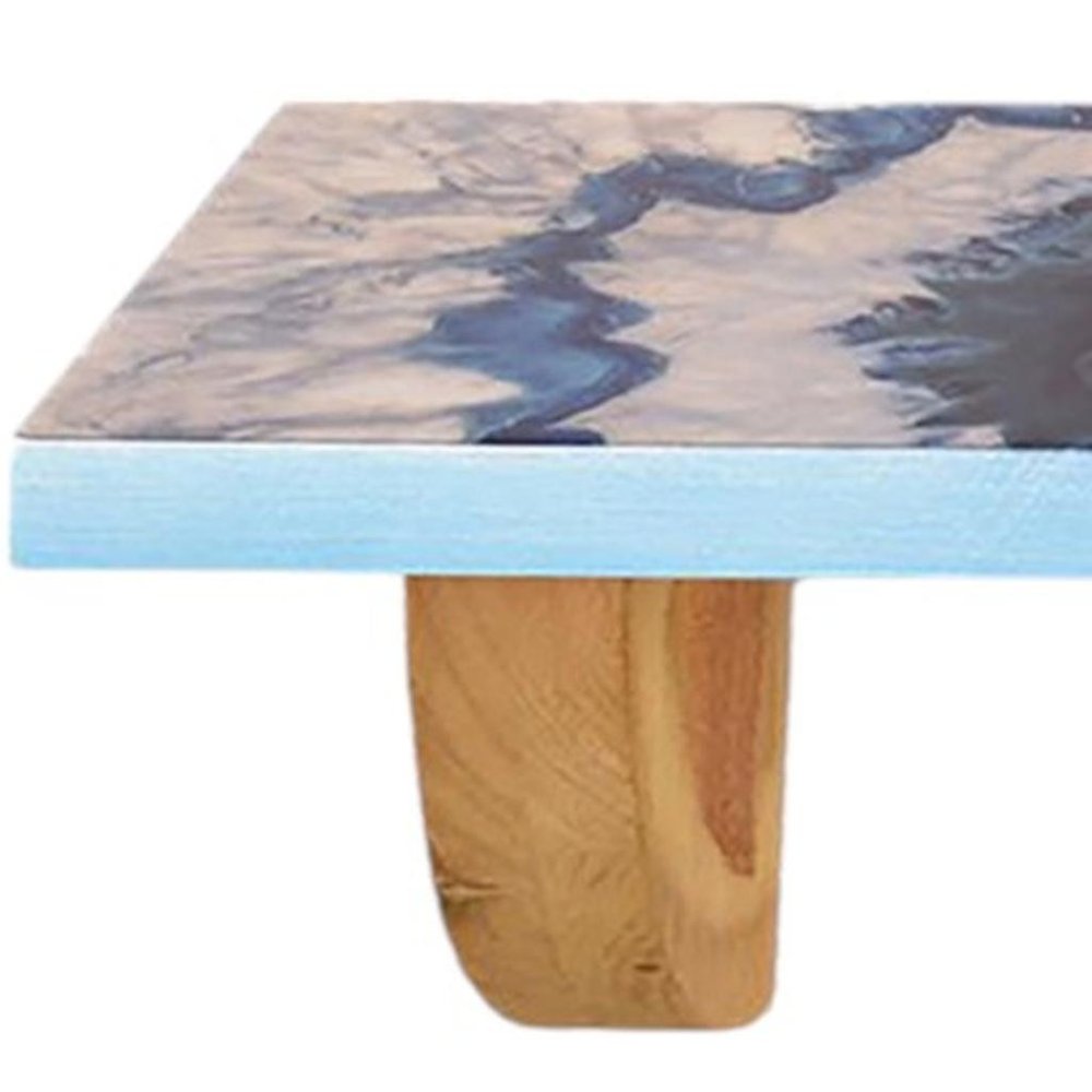 24" Blue And Natural Wood Agate Pattern Wall Mount Accent Shelf. Wall mounted shelve isolated on a plain white background, finished in gray wood.