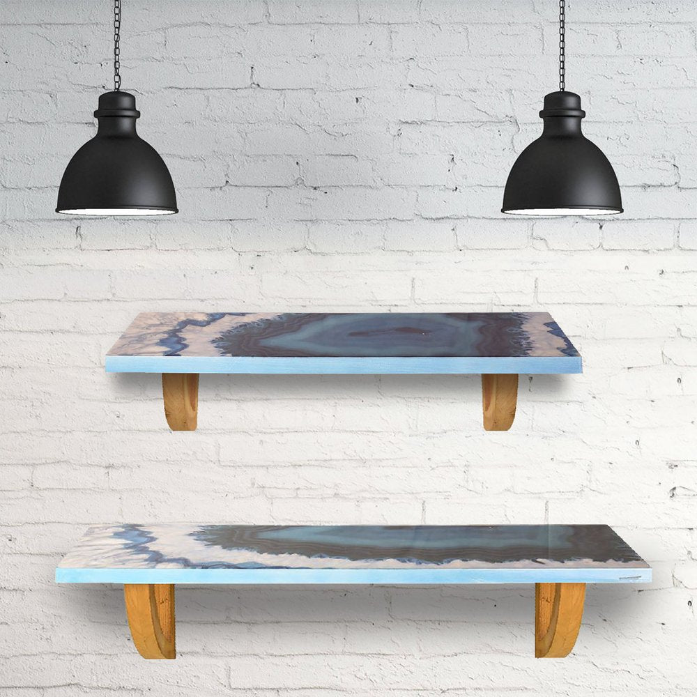 24" Blue And Natural Wood Agate Pattern Wall Mount Accent Shelf. Wall mounted shelve isolated on a plain white background, in a gray wood finish.