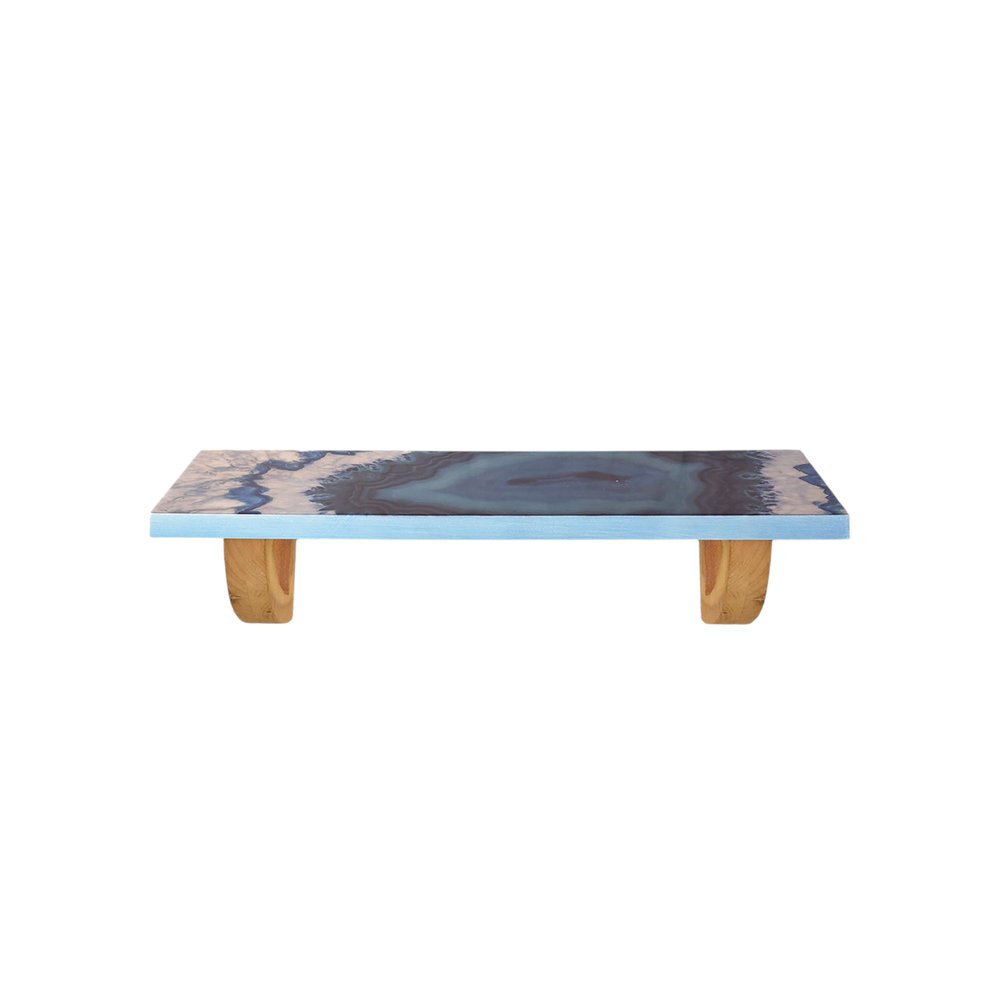 24" Blue And Natural Wood Agate Pattern Wall Mount Accent Shelf. Wall mounted shelve isolated on a plain white background, showing a gray wood surface.