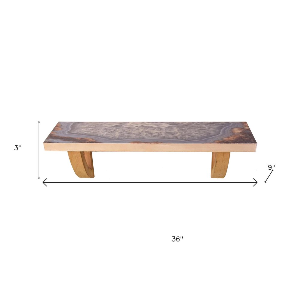 36" Gray And Natural Wood Agate Pattern Wall Mount Accent Shelf. Wall mounted shelve isolated on a plain white background, showing a gray wood surface.