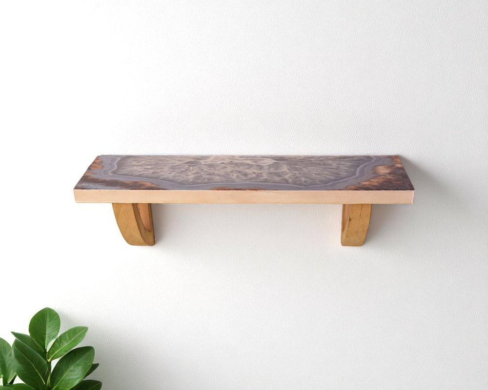 36" Gray And Natural Wood Agate Pattern Wall Mount Accent Shelf. Wall mounted shelve isolated on a plain white background, finished in gray wood.