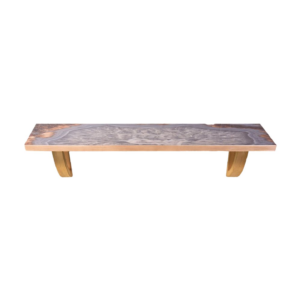 24" Gray And Natural Wood Wall Mounted Accent Shelf. Wall mounted shelve isolated on a plain white background, finished in gray wood.