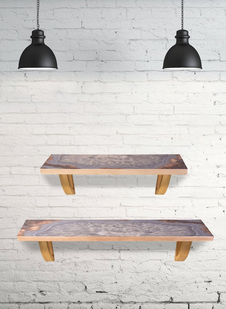 24" Gray And Natural Wood Wall Mounted Accent Shelf. Wall mounted shelve isolated on a plain white background, in a gray wood finish.