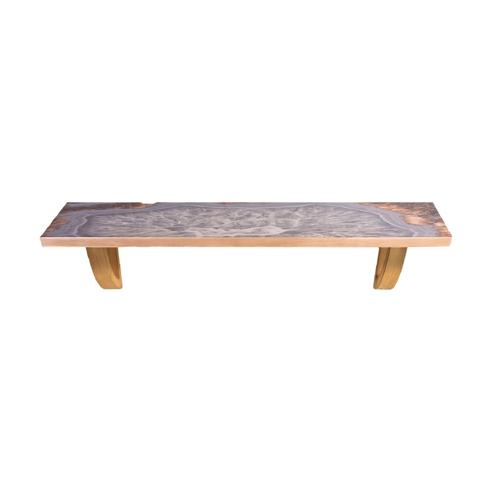 24" Gray And Natural Wood Wall Mounted Accent Shelf. Wall mounted shelve isolated on a plain white background, showing a gray wood surface.