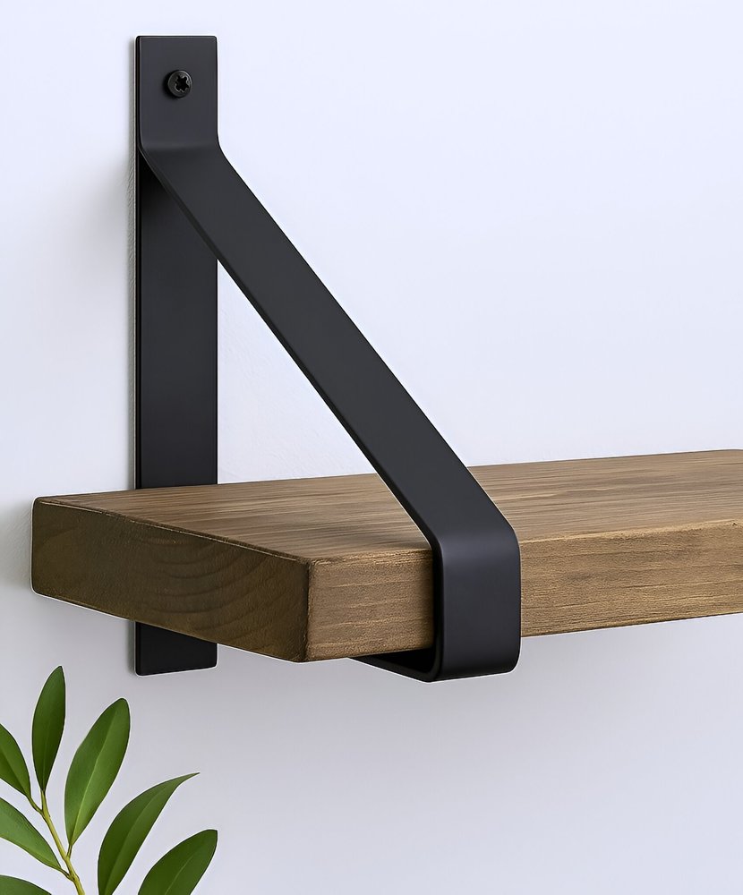 8" Set Of Two Black Metal Wall Mounted Shelf Brackets in a home interior