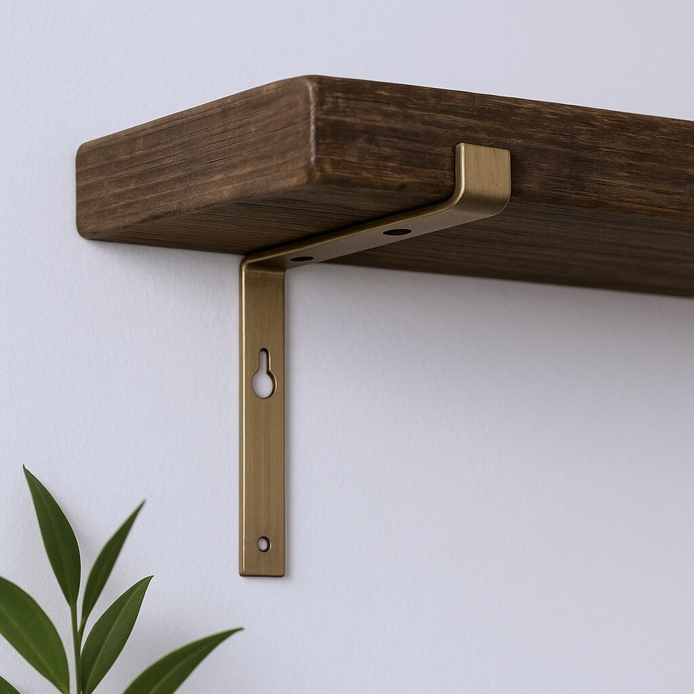 7" Set Of Two Gold Metal Wall Mounted Shelf Brackets in a home interior