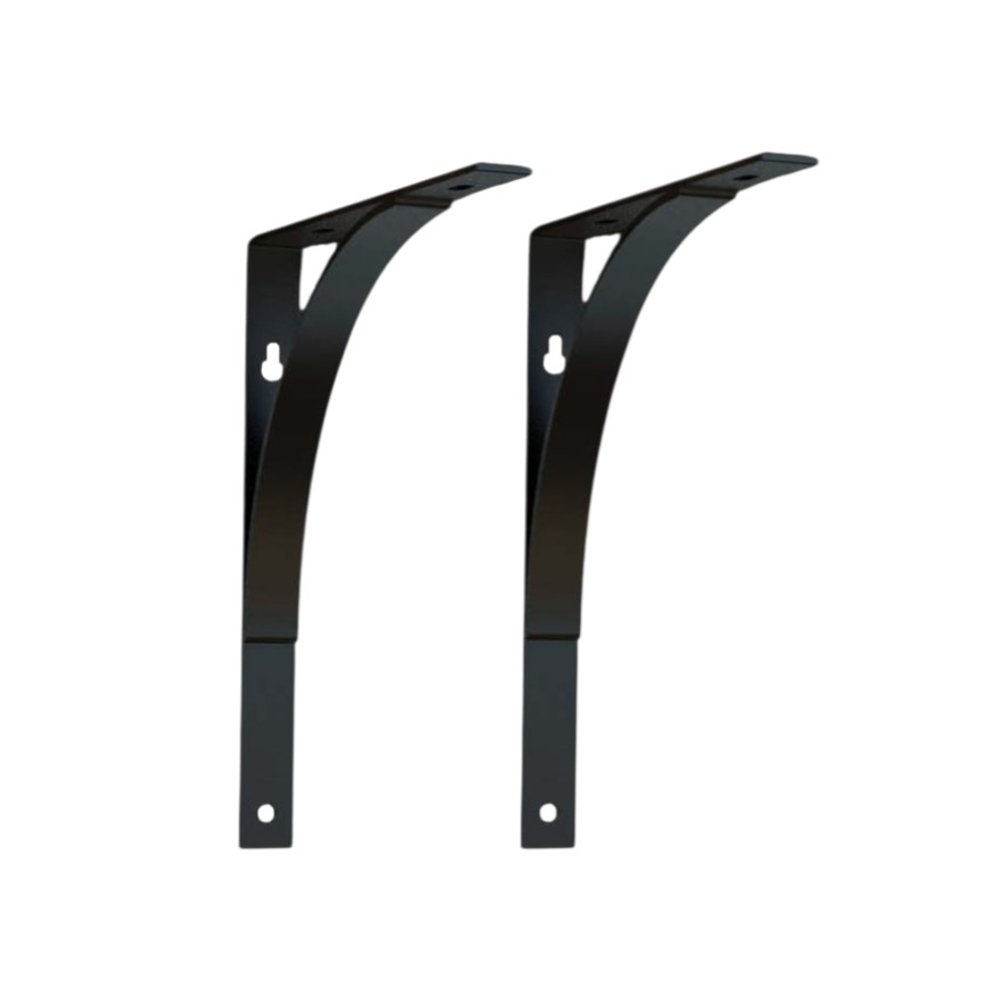 8" Set Of Two Black Curved Metal Wall Mounted Shelf Brackets on a white background