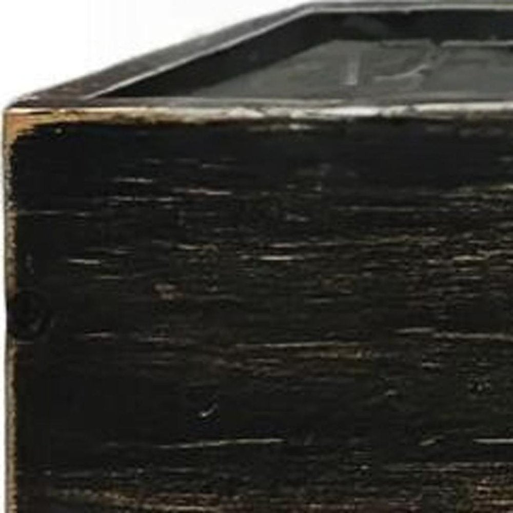10" Black Distressed Wood Wall Mounted Floating Shelf With LED photographed against a dark studio background in black.