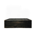 10" Black Distressed Wood Wall Mounted Floating Shelf With LED. Wall mounted shelve isolated on a plain white background, showing a black wood surface.