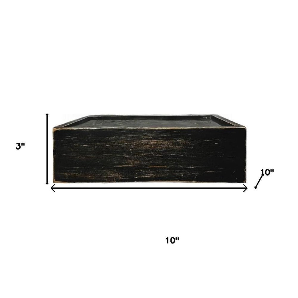 10" Black Distressed Wood Wall Mounted Floating Shelf With LED. Wall mounted shelve isolated on a plain white background, in a black wood finish.