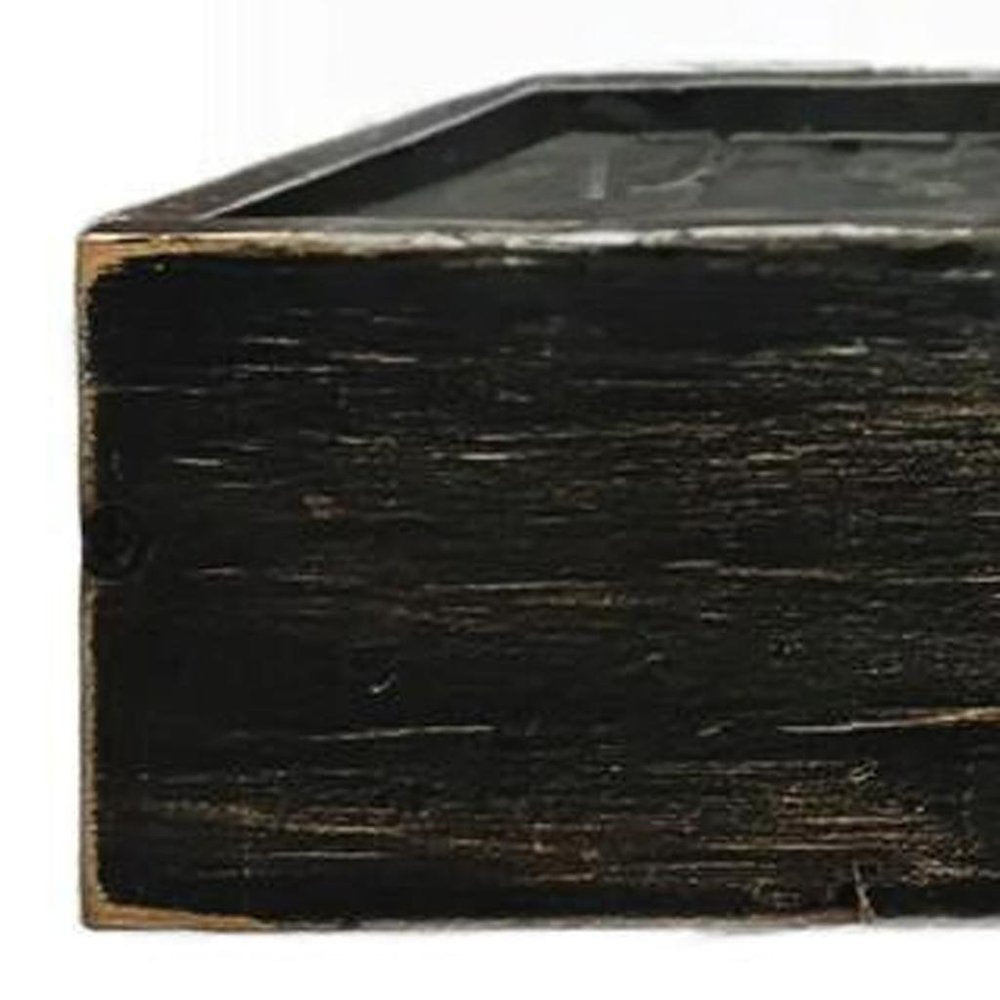 10" Black Distressed Wood Wall Mounted Floating Shelf With LED. Wall mounted shelve isolated on a plain white background, in a black wood finish.