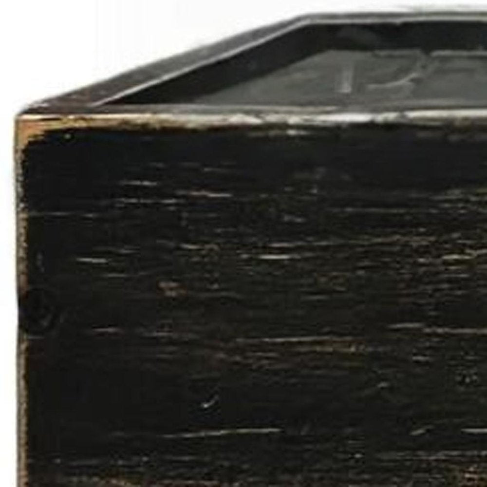 Cropped view of 10" Black Distressed Wood Wall Mounted Floating Shelf With LED focusing on the black wood surface.