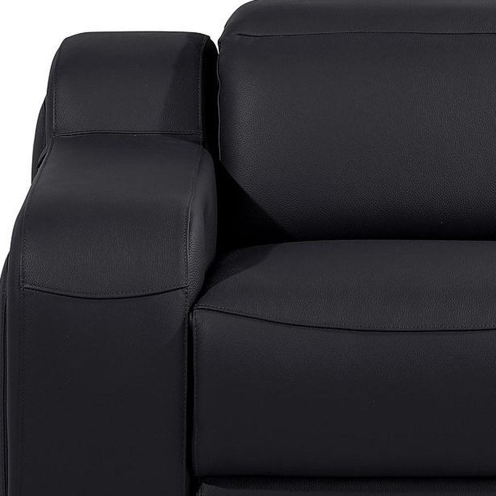 Detail view of 41" Black Italian Leather Wall Hugger Recliner With USB, filling the frame with the black leather texture.