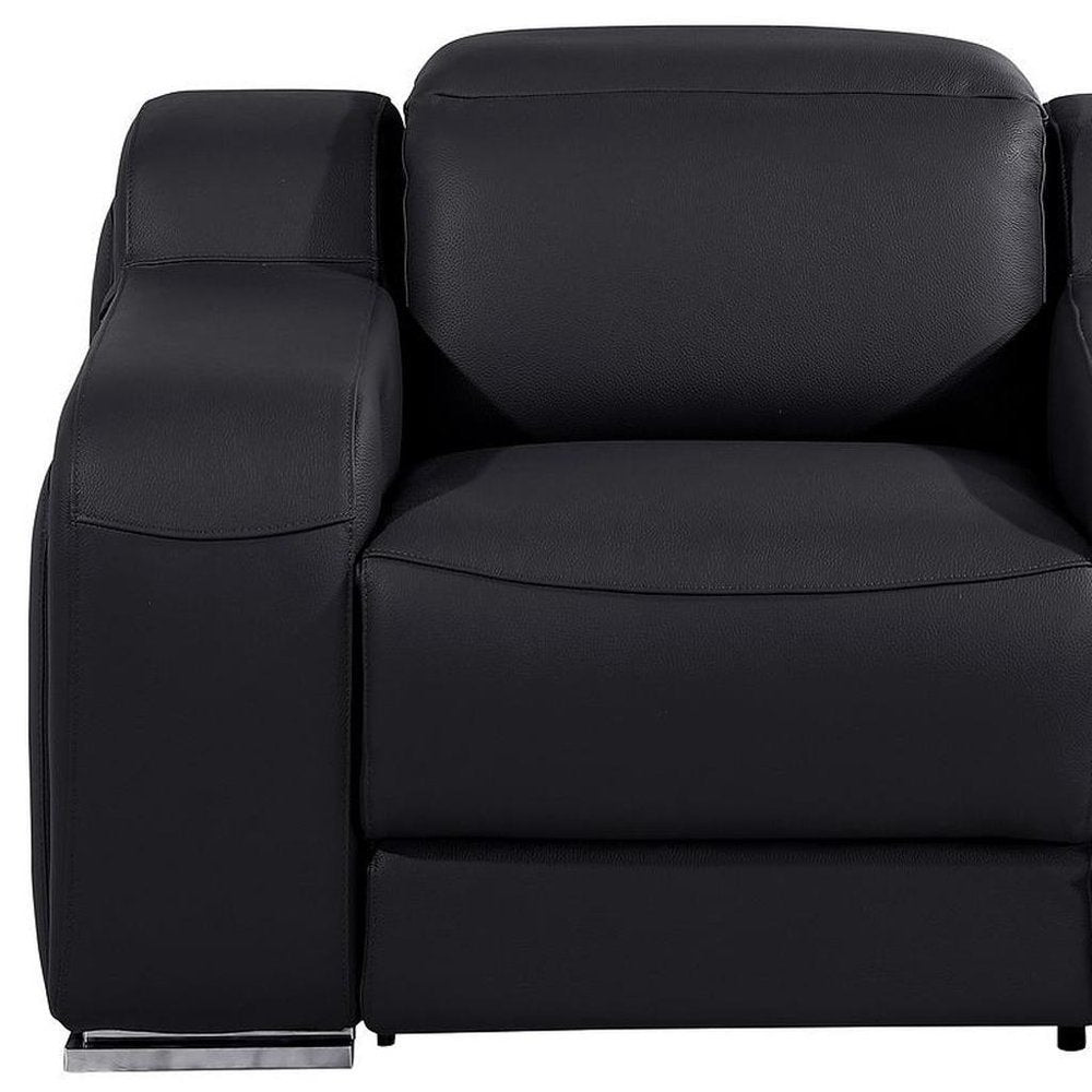Close-up of 41" Black Italian Leather Wall Hugger Recliner With USB showing black leather detail.