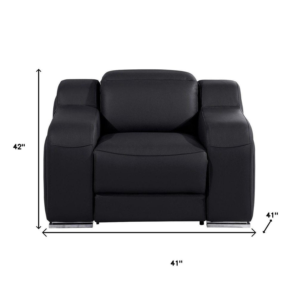 41" Black Italian Leather Wall Hugger Recliner With USB. Recliner isolated on a plain white background, showing a black leather surface.
