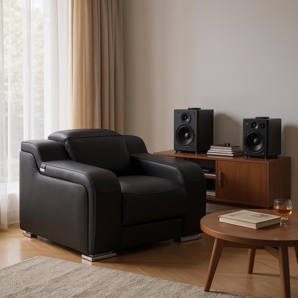 41" Black Italian Leather Wall Hugger Recliner With USB styled in a furnished interior with a light gray wall on a wood floor.