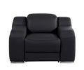 Black Italian leather wall hugger recliner with chrome feet on a white background.