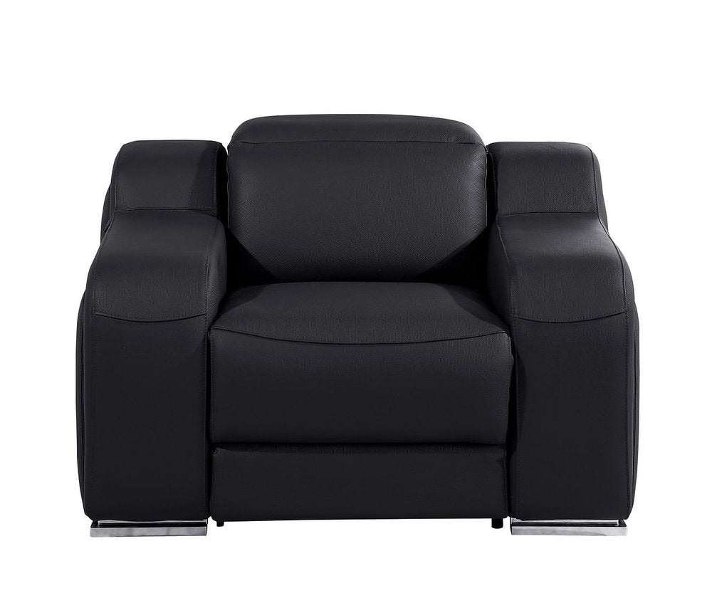 Black Italian leather wall hugger recliner with chrome feet on a white background.