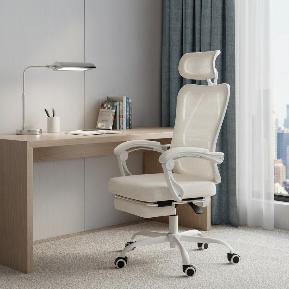White and Black Adjustable Height Swivel Rolling Office Chair in a home interior