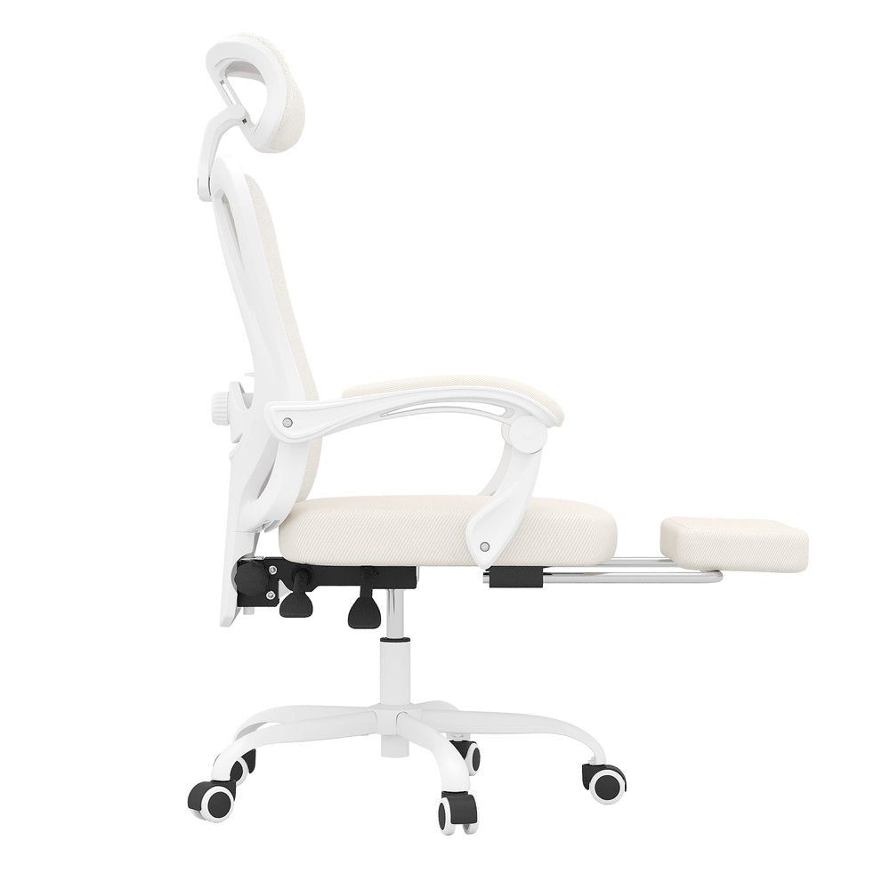 White office chair with adjustable height, swivel, and rolling base, featuring a cream seat and headrest, and a pull-out footrest.