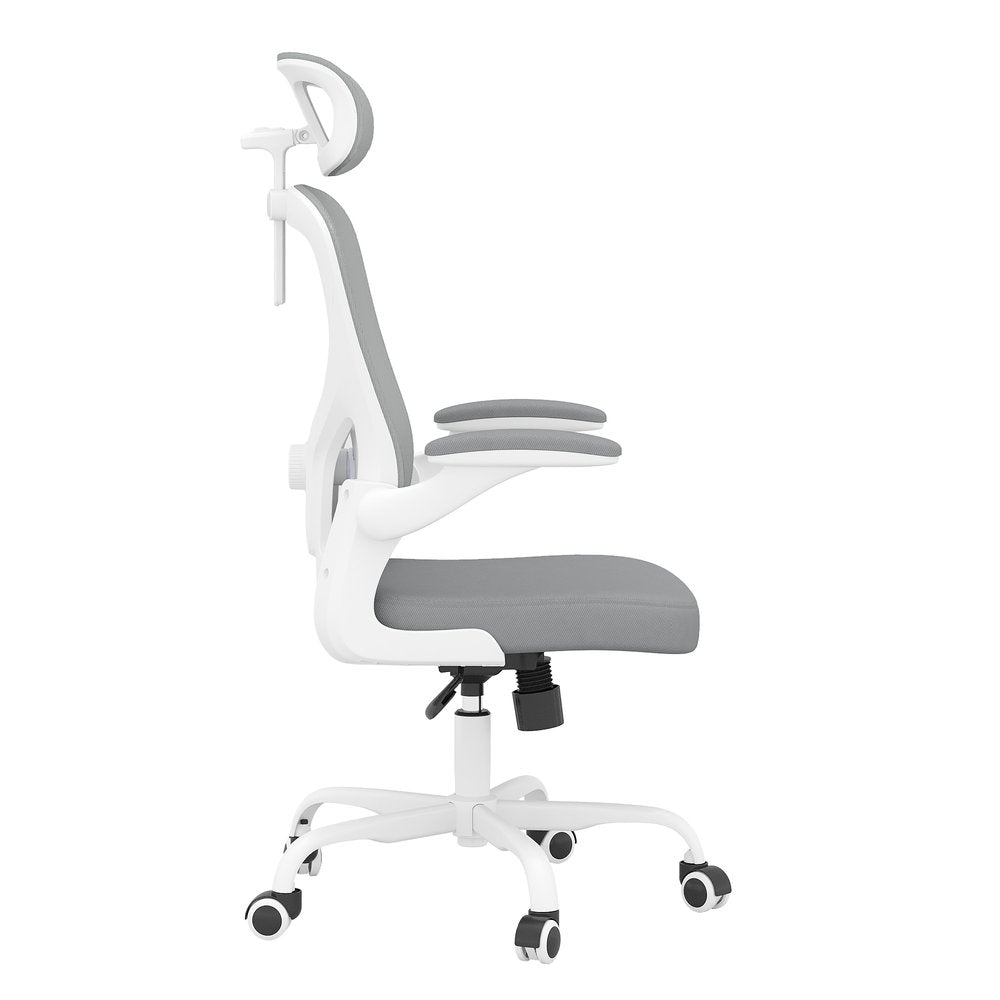 Side view of a white and gray adjustable height swivel rolling office chair with a headrest and armrests on a white background.