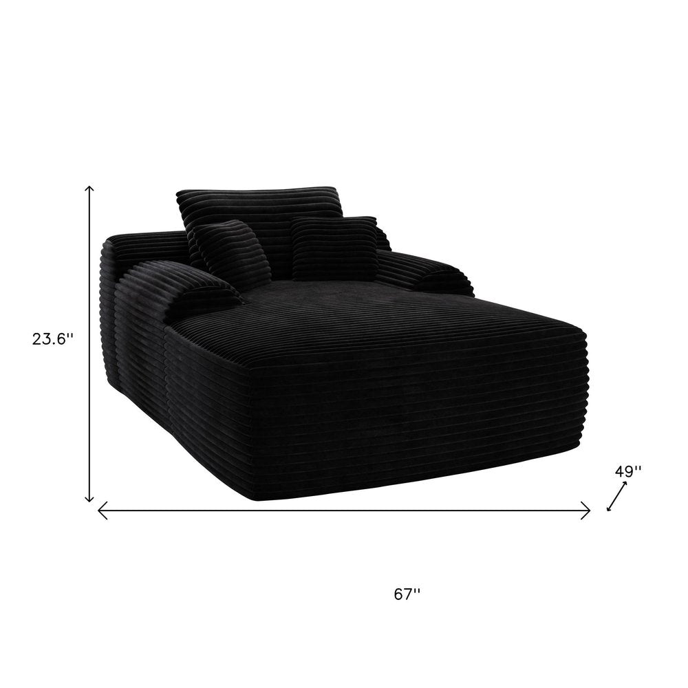 67" Black Corduroy Oversized Chaise Lounge Chair And Toss Pillows. Accent chair isolated on a plain white background, showing its black color.