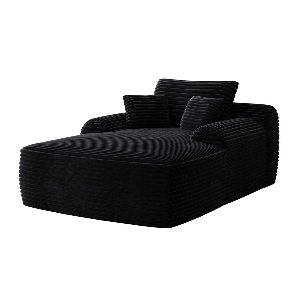 67" Black Corduroy Oversized Chaise Lounge Chair And Toss Pillows. Accent chair isolated on a plain white background, showing its black color.