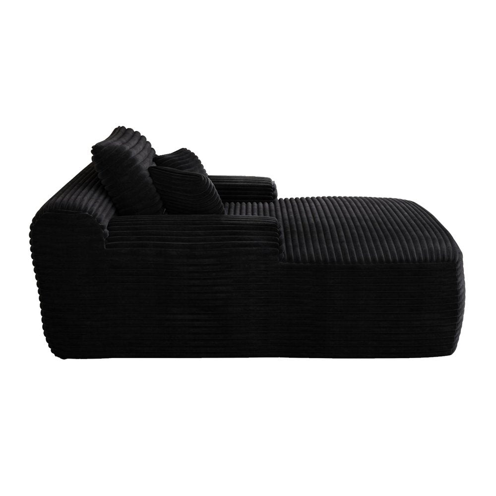 67" Black Corduroy Oversized Chaise Lounge Chair And Toss Pillows. Accent chair isolated on a plain white background, finished in black.