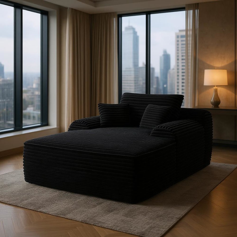 67" Black Corduroy Oversized Chaise Lounge Chair And Toss Pillows shown outdoors on an outdoor setting.