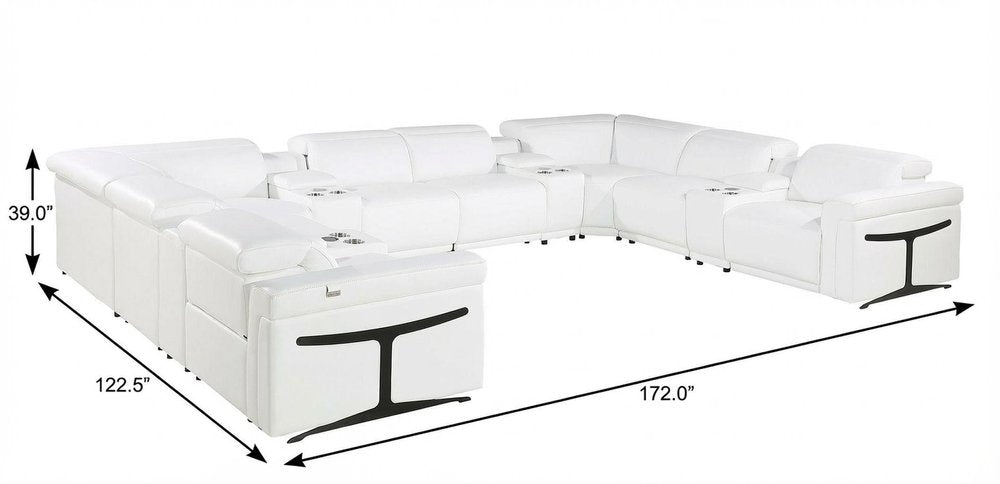 White Italian Leather Power Reclining U Shaped Twelve Piece Sectional With Console on a white background