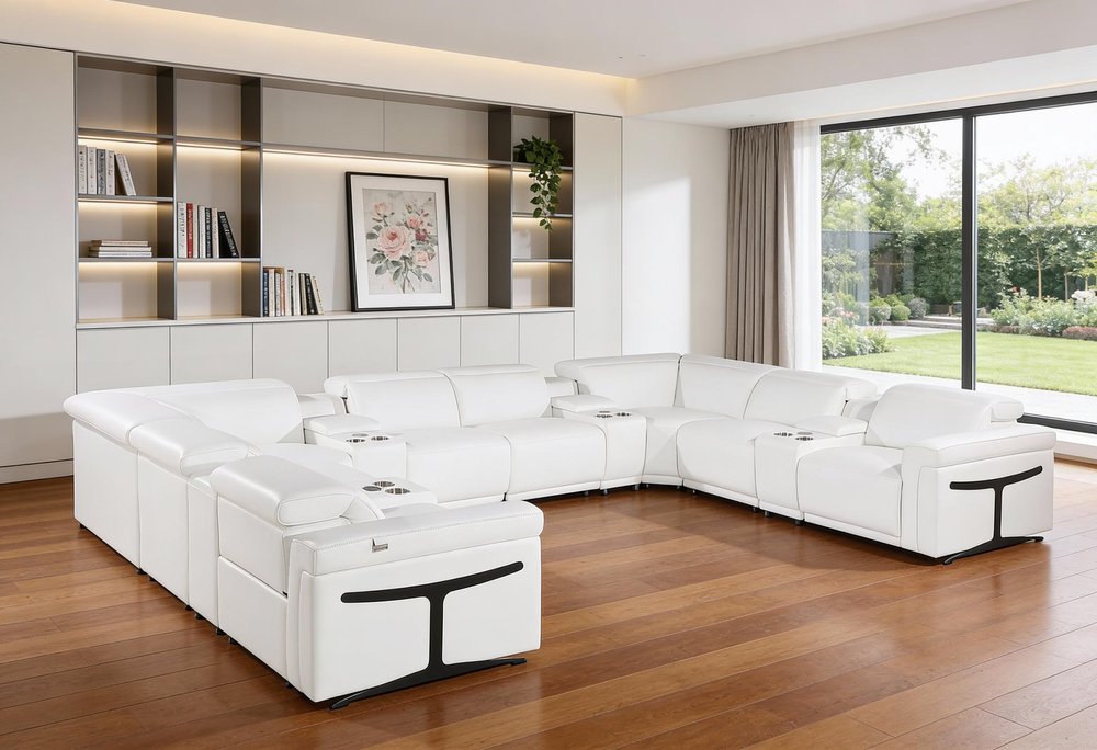 White Italian Leather Power Reclining U Shaped Twelve Piece Sectional With Console in a home interior