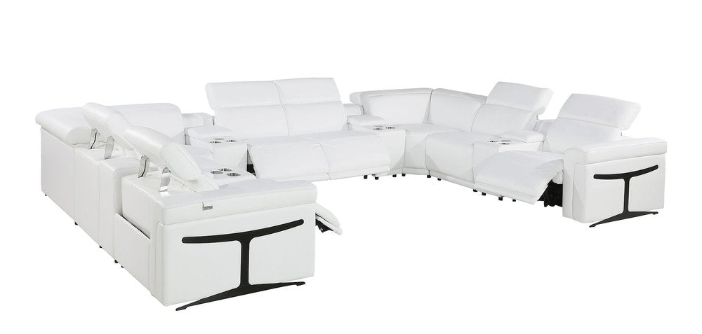 White Italian leather U-shaped twelve-piece sectional sofa with power reclining seats and consoles against a white background.